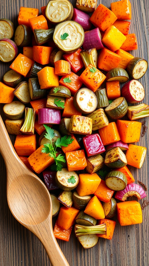 Oven-roasted seasonal vegetables including bell peppers, zucchini, and carrots, garnished with parsley on a rustic table.